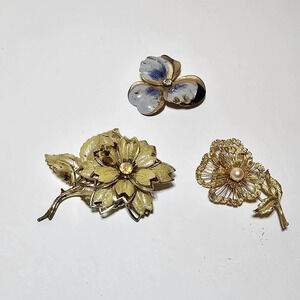 Vintage Brooks Gold Tone Faux Pearl Flower Brooch Signed + 2 More Unbranded Lot